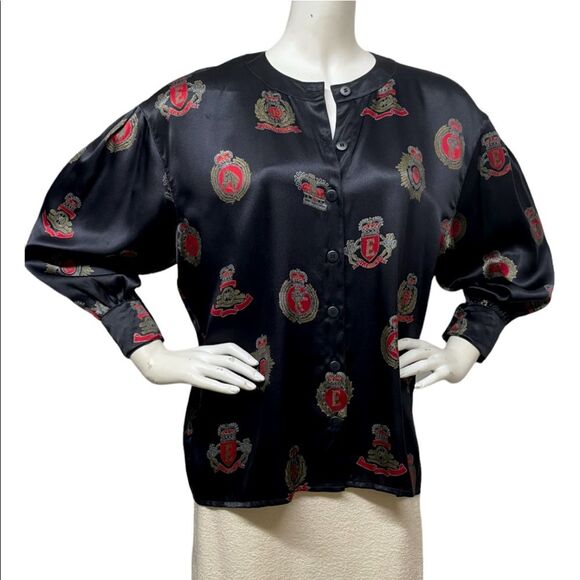 ESCADA Margaretha Ley Vintage 80s Button Up Silk Blouse Medals Crest 40 10 OVRSZ - Picture 8 of 14